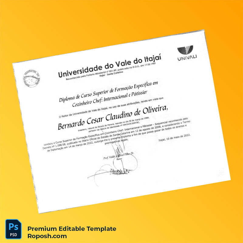 Editable Diploma Template Brazil Universidade do Vale do Itajaí Bachelor of Culinary Arts Chef Diploma (Fast Edit) Editable Diploma Template Brazil Universidade do Vale do Itajaí Bachelor of Culinary Arts Chef Diploma (Fast Edit)