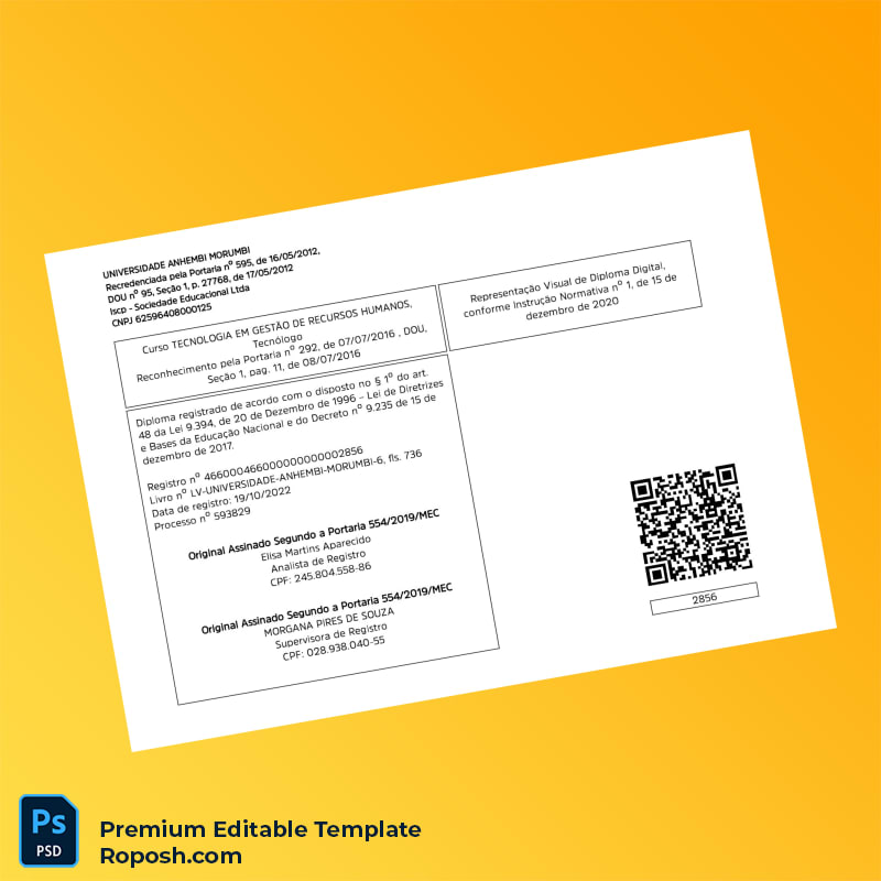 Editable Diploma Template – Brazil University Anhembi Morumbi Technology Degree (Fast Edit) 2 Page Editable Diploma Template – Brazil University Anhembi Morumbi Technology Degree (Fast Edit) 2 Page