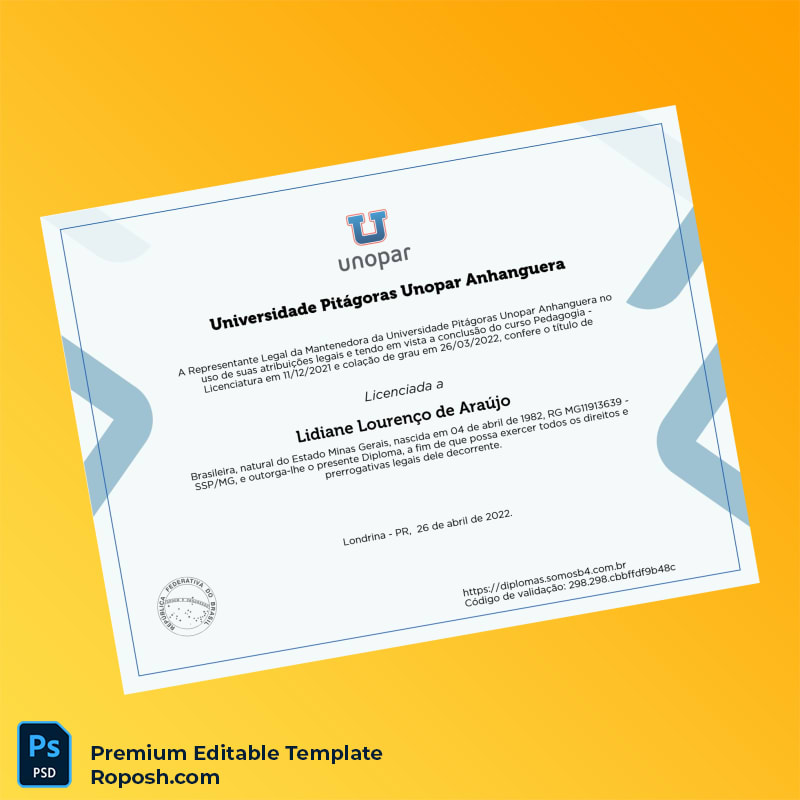 Editable Brazil University Pitágoras Unopar Anhanguera Bachelor Diploma (High Quality) 2 Page Editable Brazil University Pitágoras Unopar Anhanguera Bachelor Diploma (High Quality) 2 Page