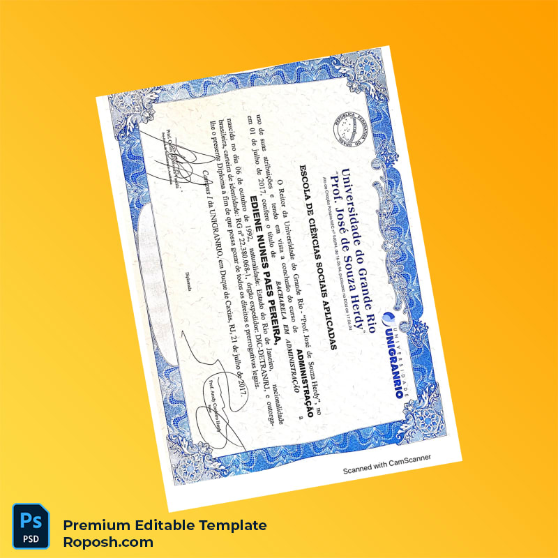 Editable Brazil University of Grande Rio Bachelor’s Degree in Administration – Instant Download 2 Page Editable Brazil University of Grande Rio Bachelor’s Degree in Administration – Instant Download 2 Page