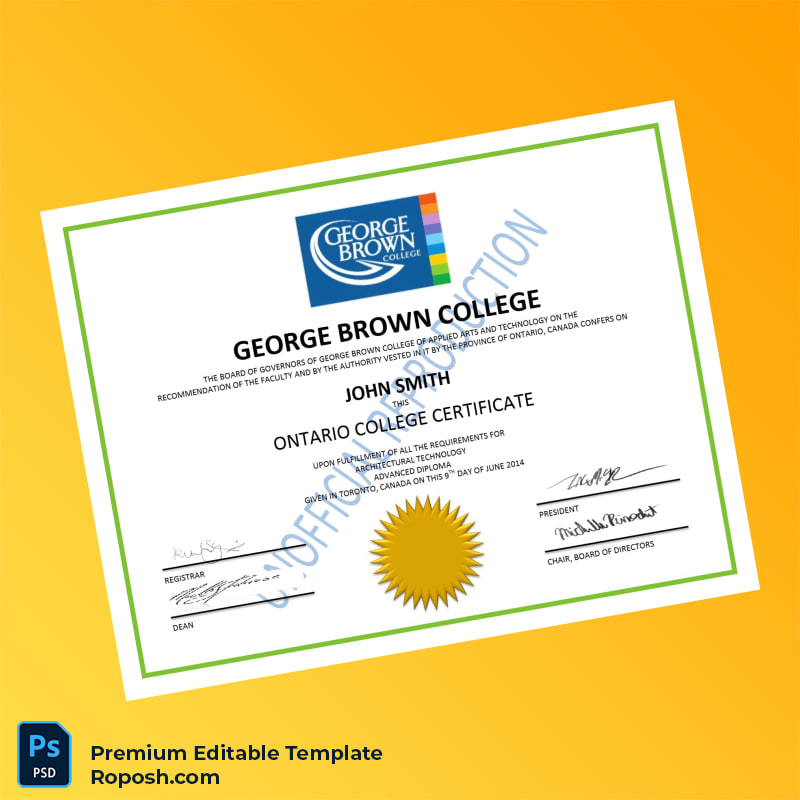 Editable Canada George Brown College Ontario College Certificate Template – Fast Edit Editable Canada George Brown College Ontario College Certificate Template – Fast Edit