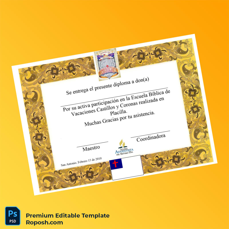 Editable Chile Iglesia Adventista del Séptimo Día Participation Diploma Template (Fast Edit) Editable Chile Iglesia Adventista del Séptimo Día Participation Diploma Template (Fast Edit)