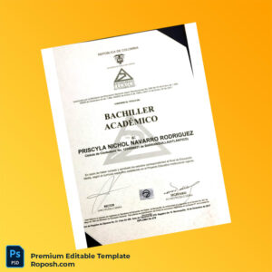 Editable Colombia Barranquilla Technical High School Academic Bachelor Diploma Template (Fast Edit) 2 Page