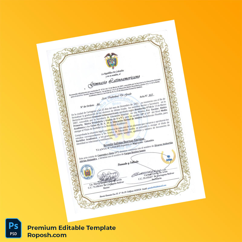 Editable Diploma Template – Colombia Gimnasio Latinoamericano Academic Bachelor Diploma (Fast Edit) 2 Page Editable Diploma Template – Colombia Gimnasio Latinoamericano Academic Bachelor Diploma (Fast Edit) 2 Page