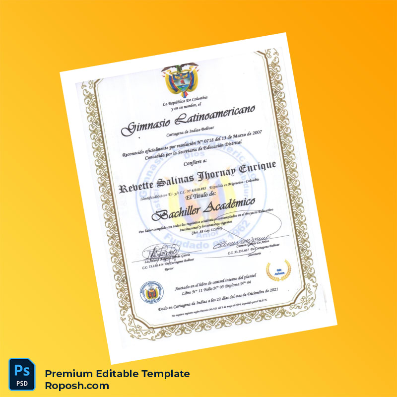 Editable Diploma Template – Colombia Gimnasio Latinoamericano Academic Bachelor Diploma (Fast Edit) 2 Page Editable Diploma Template – Colombia Gimnasio Latinoamericano Academic Bachelor Diploma (Fast Edit) 2 Page