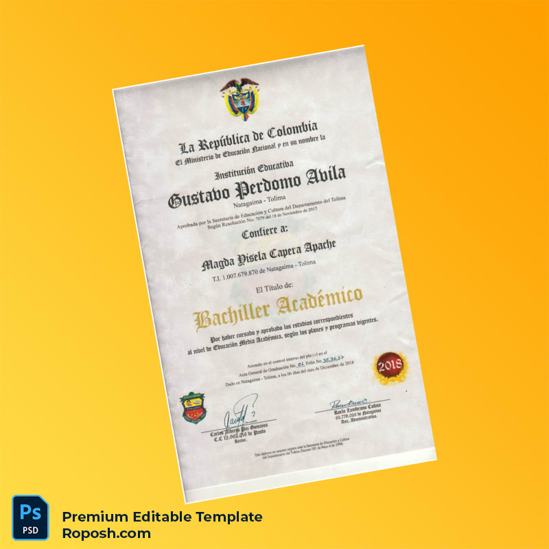 Editable Diploma Template – Colombia Gustavo Perdomo Ávila High School Diploma (Fast Edit) Editable Diploma Template – Colombia Gustavo Perdomo Ávila High School Diploma (Fast Edit)