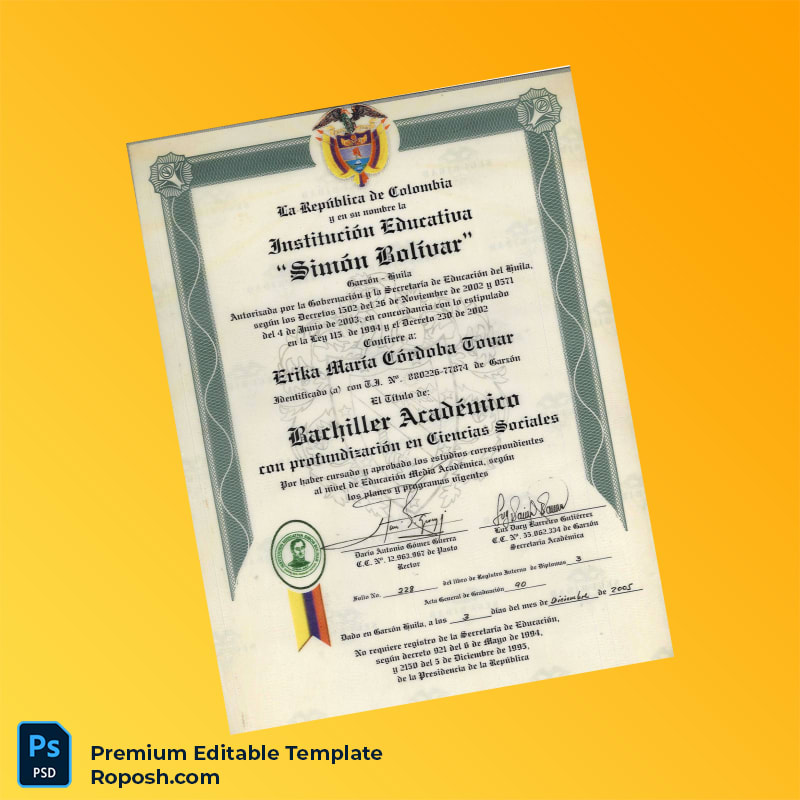 Editable Diploma Template Colombia Institución Educativa _Simón Bolívar_ Bachelor – Fast Edit Editable Diploma Template Colombia Institución Educativa _Simón Bolívar_ Bachelor – Fast Edit