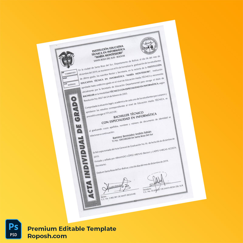 Editable Diploma Template – Colombia Institution Educativa Técnica en Informática Marta Montessori Technical Bachelor Certificate (Fast Edit) 3 Page Editable Diploma Template – Colombia Institution Educativa Técnica en Informática Marta Montessori Technical Bachelor Certificate (Fast Edit) 3 Page