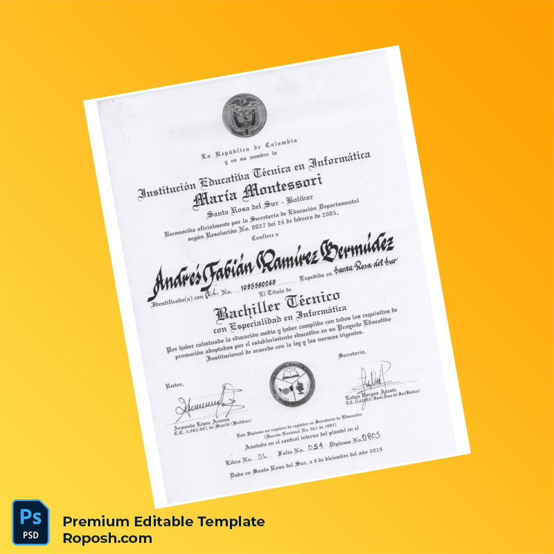 Editable Diploma Template – Colombia Institution Educativa Técnica en Informática Marta Montessori Technical Bachelor Certificate (Fast Edit) 3 Page Editable Diploma Template – Colombia Institution Educativa Técnica en Informática Marta Montessori Technical Bachelor Certificate (Fast Edit) 3 Page