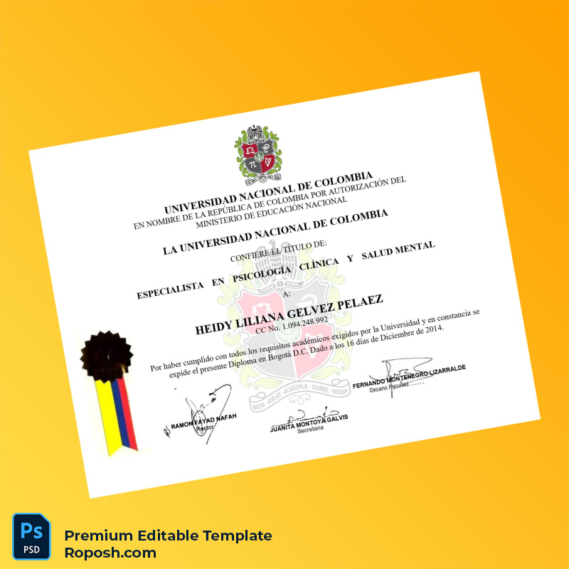Editable Diploma Template – Colombia National University Specialist in Clinical Psychology and Mental Health Diploma (Fast Edit) Editable Diploma Template – Colombia National University Specialist in Clinical Psychology and Mental Health Diploma (Fast Edit)