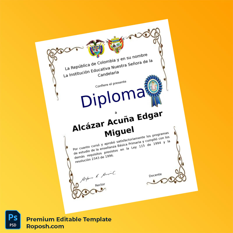 Editable Colombia Nuestra Señora de la Candelaria Basic Primary Diploma – Instant Download 2 Page Editable Colombia Nuestra Señora de la Candelaria Basic Primary Diploma – Instant Download 2 Page