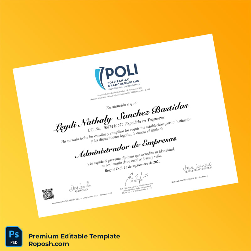 Editable Diploma Template – Colombia Politécnico Grancolombiano Bachelor of Business Administration Template (Fast Edit) Editable Diploma Template – Colombia Politécnico Grancolombiano Bachelor of Business Administration Template (Fast Edit)