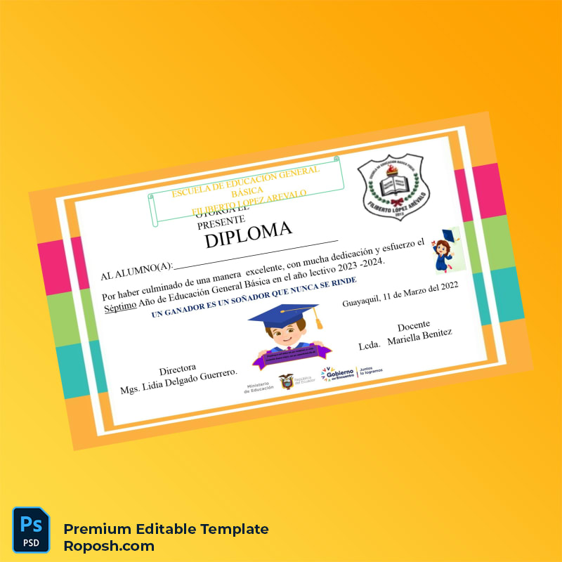 Editable Ecuador Escuela de Educación General Básica Seventh Year Diploma – Instant Download 3 Page Editable Ecuador Escuela de Educación General Básica Seventh Year Diploma – Instant Download 3 Page
