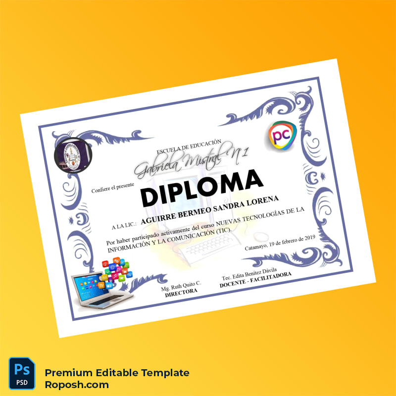 Editable Ecuador Gabriela Mistral School Diploma in New Information and Communication Technologies – Instant Download Editable Ecuador Gabriela Mistral School Diploma in New Information and Communication Technologies – Instant Download