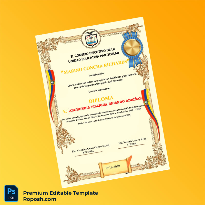 Editable Ecuador Unidad Educativa Particular Marino Concha Richards High School Diploma – Instant Download 7 Page Editable Ecuador Unidad Educativa Particular Marino Concha Richards High School Diploma – Instant Download 7 Page