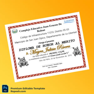 Editable El Salvador Complejo Educativo Juan Ernesto de Bedout Honor Diploma Template (Fast Edit) 3 Page Editable El Salvador Complejo Educativo Juan Ernesto de Bedout Honor Diploma Template (Fast Edit) 3 Page