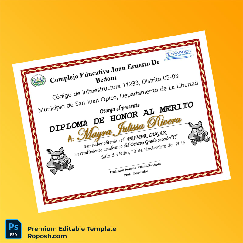Editable El Salvador Complejo Educativo Juan Ernesto de Bedout Honor Diploma Template (Fast Edit) 3 Page Editable El Salvador Complejo Educativo Juan Ernesto de Bedout Honor Diploma Template (Fast Edit) 3 Page