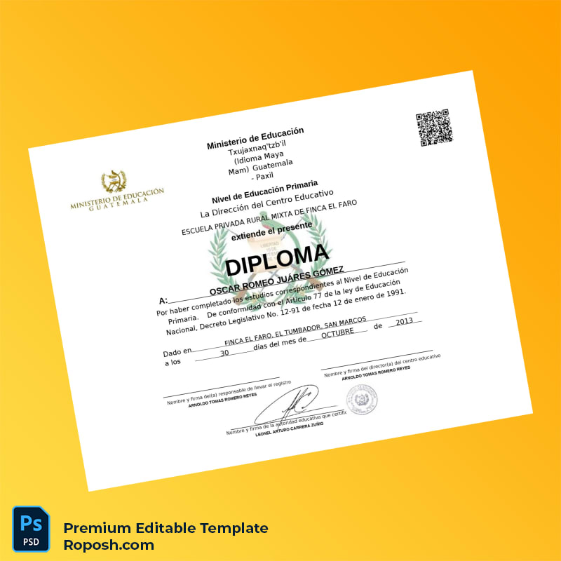 Editable Diploma Template – Guatemala Finca El Faro Primary School Primary Education Diploma (Fast Edit) 2 Page Editable Diploma Template – Guatemala Finca El Faro Primary School Primary Education Diploma (Fast Edit) 2 Page