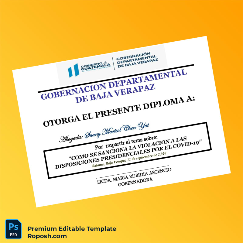 Editable Guatemala Gobernación Departamental de Baja Verapaz Diploma for Conference on COVID-19 Sanctions (High Quality) Editable Guatemala Gobernación Departamental de Baja Verapaz Diploma for Conference on COVID-19 Sanctions (High Quality)