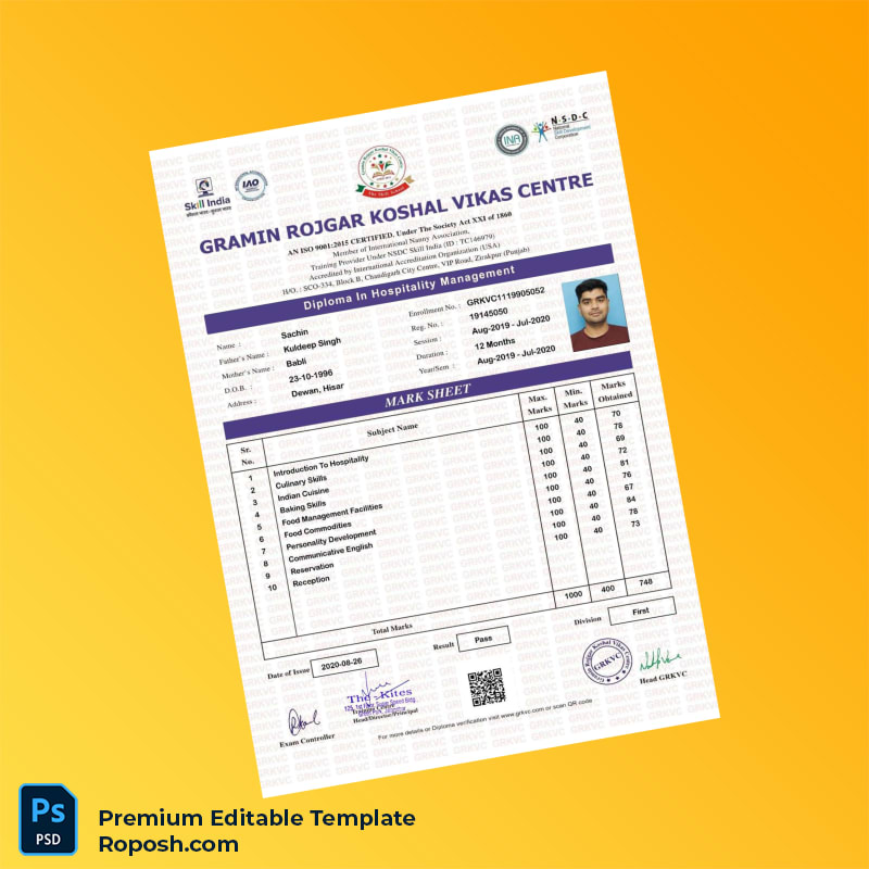 Editable India Gramin Rojgar Koshal Vikas Centre Diploma in Hospitality Management Template (Fast Edit) 2 Page Editable India Gramin Rojgar Koshal Vikas Centre Diploma in Hospitality Management Template (Fast Edit) 2 Page