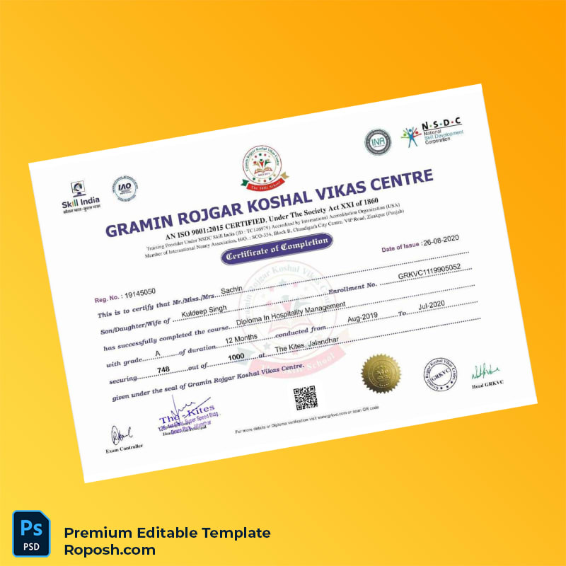 Editable India Gramin Rojgar Koshal Vikas Centre Diploma in Hospitality Management Template (Fast Edit) 2 Page Editable India Gramin Rojgar Koshal Vikas Centre Diploma in Hospitality Management Template (Fast Edit) 2 Page