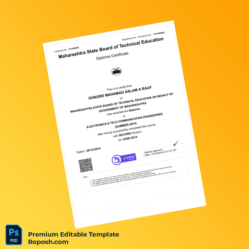 Editable India Maharashtra State Board of Technical Education Diploma in Electronics & Tele-Communication Engineering Template – Digital Copy Editable India Maharashtra State Board of Technical Education Diploma in Electronics & Tele-Communication Engineering Template – Digital Copy