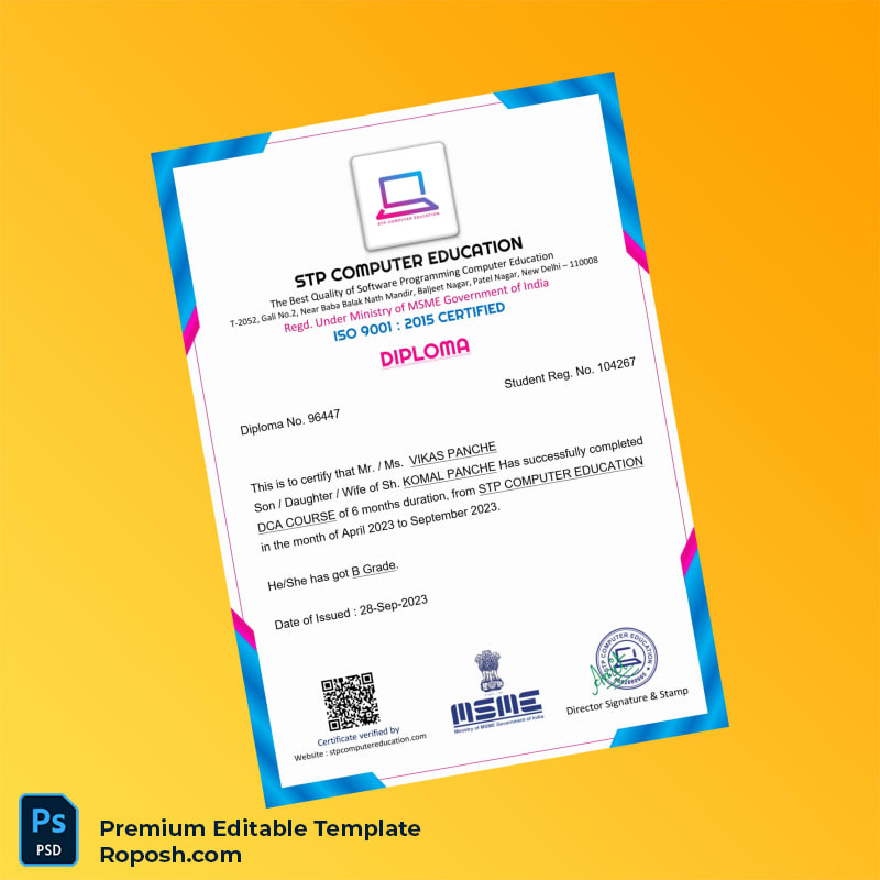 Printable India STP Computer Education DCA Diploma Template – Instant Download Printable India STP Computer Education DCA Diploma Template – Instant Download