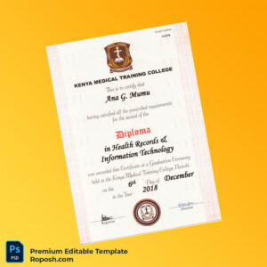 Editable Kenya Kenya Medical Training College Diploma in Health Records & Information Technology Template (Fast Edit)