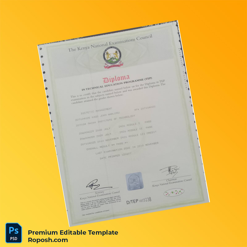 Editable Kenya Thika Institute of Technology Diploma in Technical Education Program Certificate (Fast Edit) Editable Kenya Thika Institute of Technology Diploma in Technical Education Program Certificate (Fast Edit)
