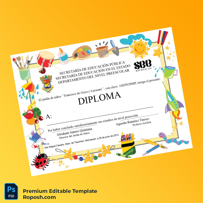 Printable Mexico Francisco de Goya y Luciente Kindergarten Pre-School Diploma Template (Fast Edit) Printable Mexico Francisco de Goya y Luciente Kindergarten Pre-School Diploma Template (Fast Edit)