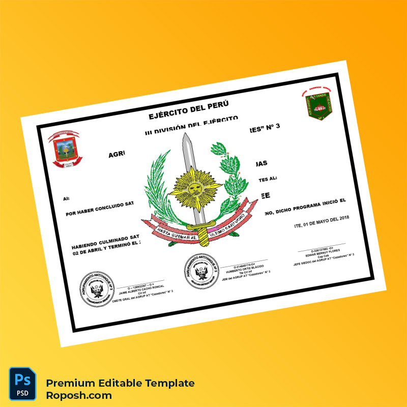 Editable Peru Army Infantry Command Course Diploma Certificate (Fast Edit) Editable Peru Army Infantry Command Course Diploma Certificate (Fast Edit)