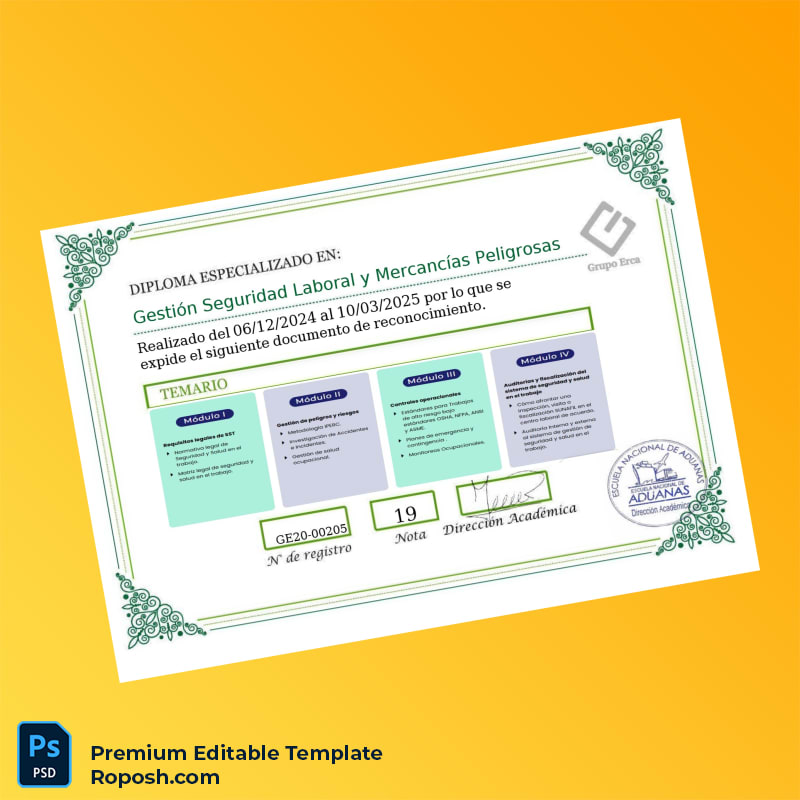 Editable Diploma Template Peru National Customs and Foreign Trade School Specialized Diploma in Labor Safety Management and Dangerous Goods (Fast Edit) 2 Page Editable Diploma Template Peru National Customs and Foreign Trade School Specialized Diploma in Labor Safety Management and Dangerous Goods (Fast Edit) 2 Page