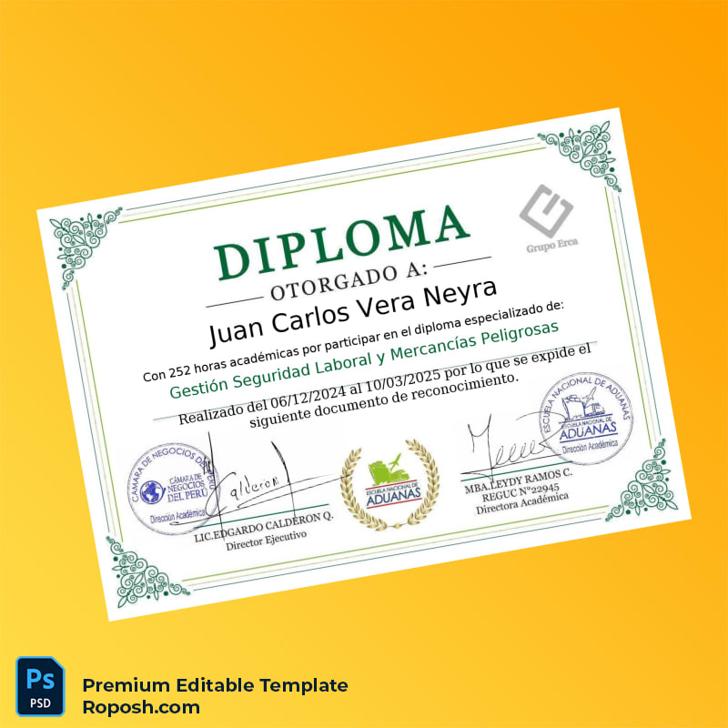 Editable Diploma Template Peru National Customs and Foreign Trade School Specialized Diploma in Labor Safety Management and Dangerous Goods (Fast Edit) 2 Page Editable Diploma Template Peru National Customs and Foreign Trade School Specialized Diploma in Labor Safety Management and Dangerous Goods (Fast Edit) 2 Page