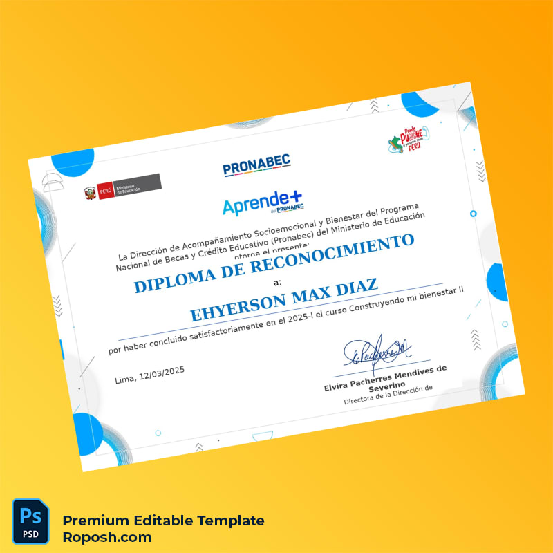 Editable Peru Pronabec Diploma of Recognition – Instant Download Editable Peru Pronabec Diploma of Recognition – Instant Download