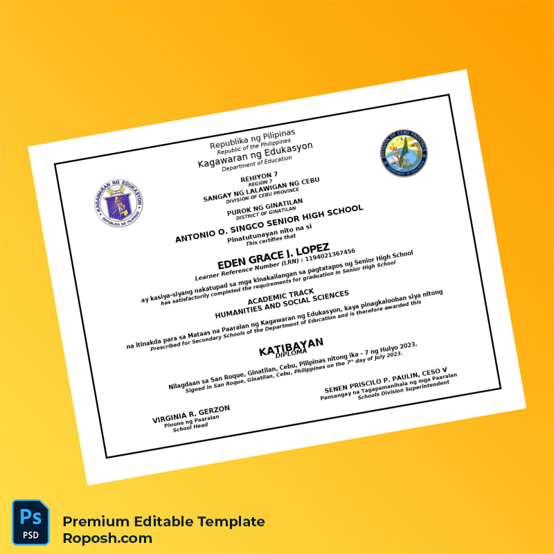 Editable Philippines Antonio O. Singco Senior High School Diploma Template – Instant Download Editable Philippines Antonio O. Singco Senior High School Diploma Template – Instant Download