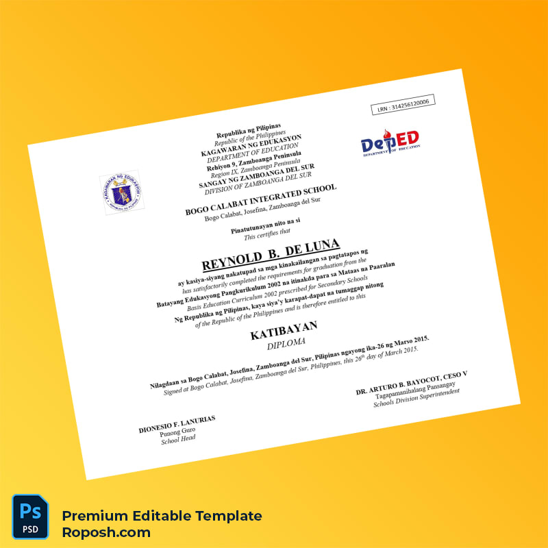 Editable Philippines Bogo Calabat Integrated School High School Diploma – Instant Download 2 Page Editable Philippines Bogo Calabat Integrated School High School Diploma – Instant Download 2 Page