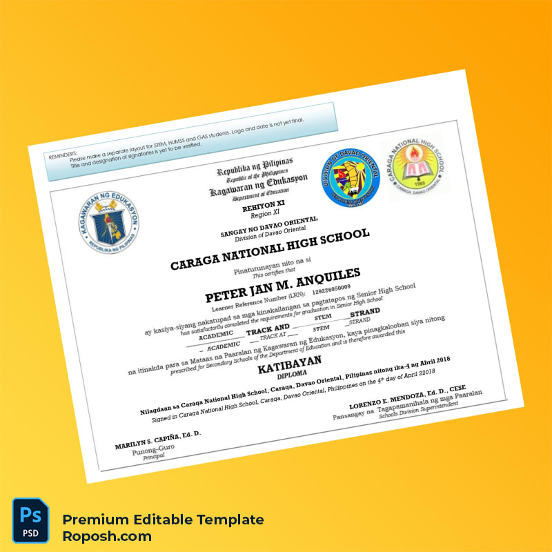 Editable Philippines Caraga National High School Diploma Template – Instant Download 2 Page Editable Philippines Caraga National High School Diploma Template – Instant Download 2 Page