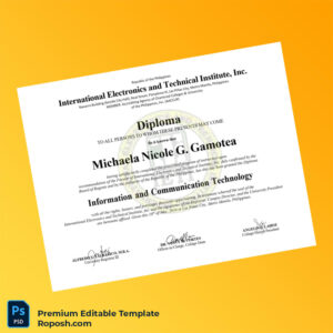 Editable Diploma Template Philippines International Electronics and Technical Institute Inc Diploma (Instant Download)