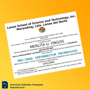 Editable Diploma Template – Philippines Lanao School of Science and Technology Inc. Two-Year Diploma (Instant Download) 3 Page