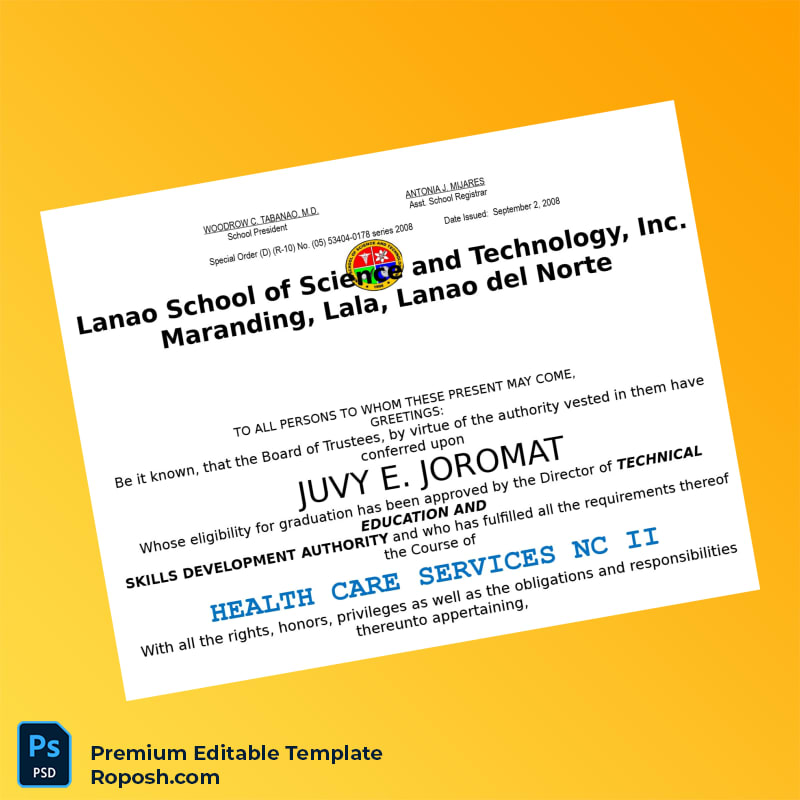 Editable Diploma Template – Philippines Lanao School of Science and Technology Inc. Two-Year Diploma (Instant Download) 3 Page Editable Diploma Template – Philippines Lanao School of Science and Technology Inc. Two-Year Diploma (Instant Download) 3 Page