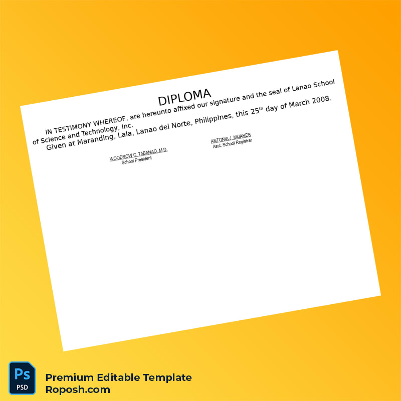 Editable Diploma Template – Philippines Lanao School of Science and Technology Inc. Two-Year Diploma (Instant Download) 3 Page Editable Diploma Template – Philippines Lanao School of Science and Technology Inc. Two-Year Diploma (Instant Download) 3 Page