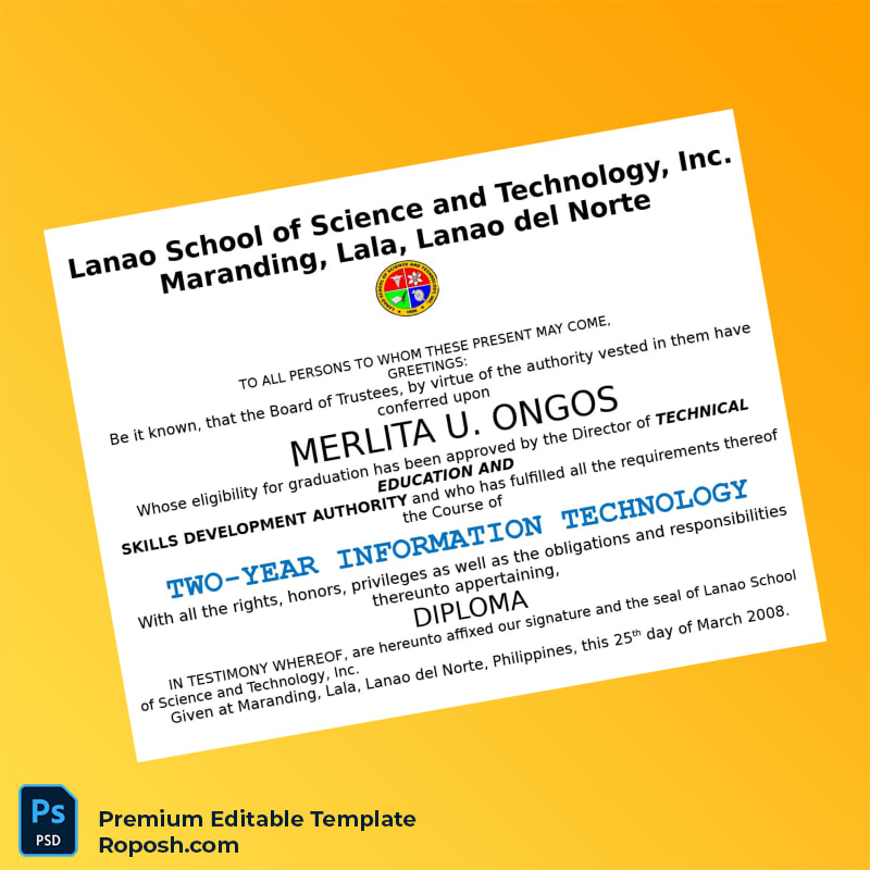 Editable Diploma Template – Philippines Lanao School of Science and Technology Inc. Two-Year Diploma (Instant Download) 3 Page Editable Diploma Template – Philippines Lanao School of Science and Technology Inc. Two-Year Diploma (Instant Download) 3 Page