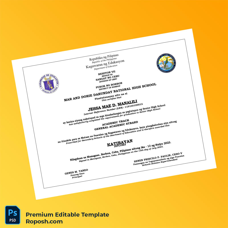 Editable Philippines Mar and Dorie Darunday National High School Diploma (Fast Edit) Editable Philippines Mar and Dorie Darunday National High School Diploma (Fast Edit)
