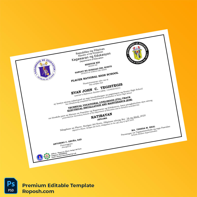 Editable Philippines Placer National High School High School Diploma – Fast Edit 3 Page Editable Philippines Placer National High School High School Diploma – Fast Edit 3 Page