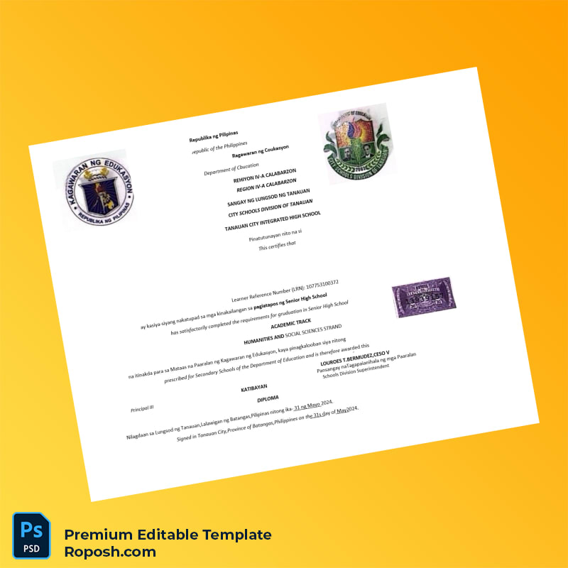 Editable Philippines Tanauan City Integrated High School Senior High School Diploma – Fast Edit 2 Page Editable Philippines Tanauan City Integrated High School Senior High School Diploma – Fast Edit 2 Page
