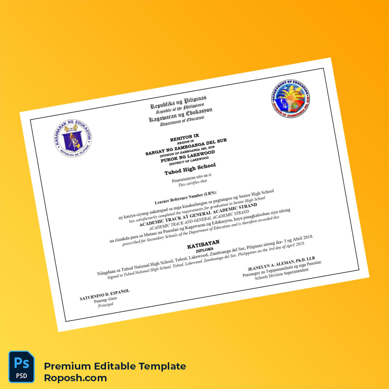Editable Philippines Tubod High School Senior High School Diploma – Instant Download Editable Philippines Tubod High School Senior High School Diploma – Instant Download