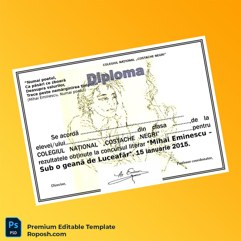 Editable Romania Colegiul Național „Costache Negr” Literary Diploma Template (Fast Edit) Editable Romania Colegiul Național „Costache Negr” Literary Diploma Template (Fast Edit)