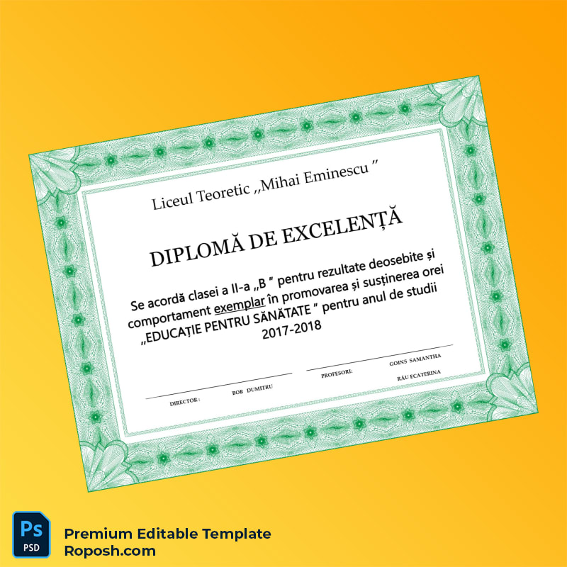 Editable Romania Liceul Teoretic Mihai Eminescu Excellence Diploma – High Quality Editable Romania Liceul Teoretic Mihai Eminescu Excellence Diploma – High Quality