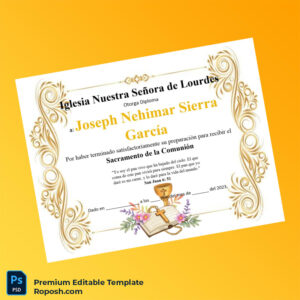 Editable Spain Church of Our Lady of Lourdes Communion Diploma Template – Fast Edit Editable Spain Church of Our Lady of Lourdes Communion Diploma Template – Fast Edit