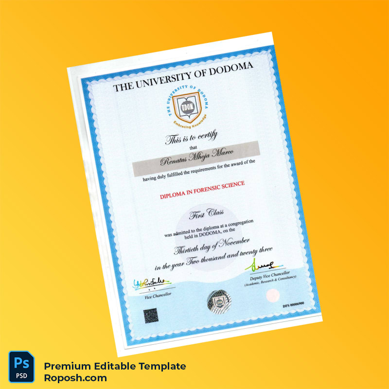 Editable Tanzania University of Dodoma Diploma in Forensic Science Template (Fast Edit) Editable Tanzania University of Dodoma Diploma in Forensic Science Template (Fast Edit)
